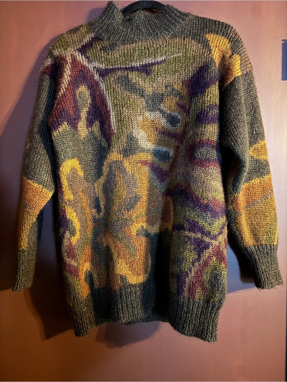 Ellen Tracy Olive Multi Turtleneck Sweater with Mustard & Purple Accents